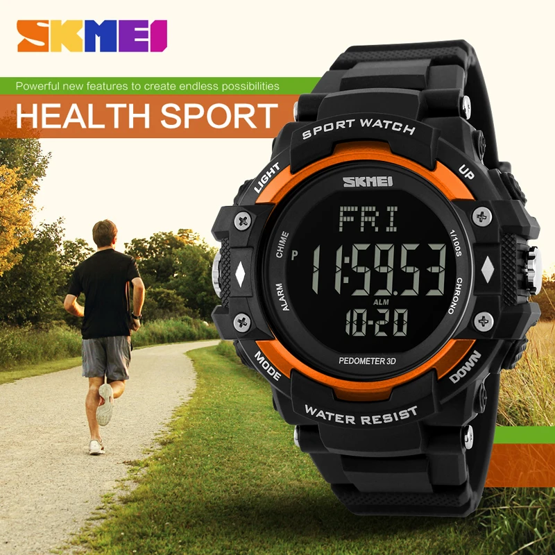 

SKMEI Men Sports Watches 3D Pedometer Heart Rate Monitor Calories Counter 50M Waterproof Digital LED Men's Wristwatches