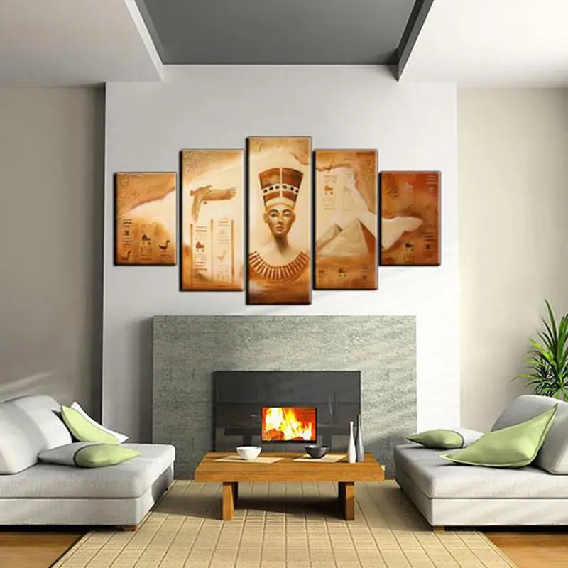 

Modern 5 Panel Hand Painted Retro Oil Paintings Egyptian Pharaoh Figure on Canvas for Living Room Decoration Pictures Unframed