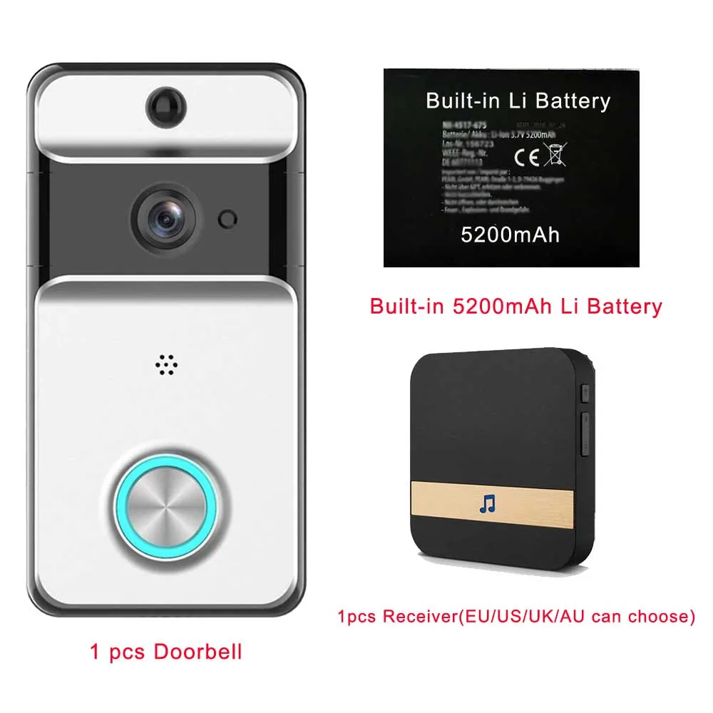 With 1 Receiver CDYCAM IP53 водонепроницаемый беспроводной дверной звонок Wifi видео домофон камера с 5200 мАч батареей EU/US/AU/UK штекер внутренний звонок - Цвет: With 1 Receiver