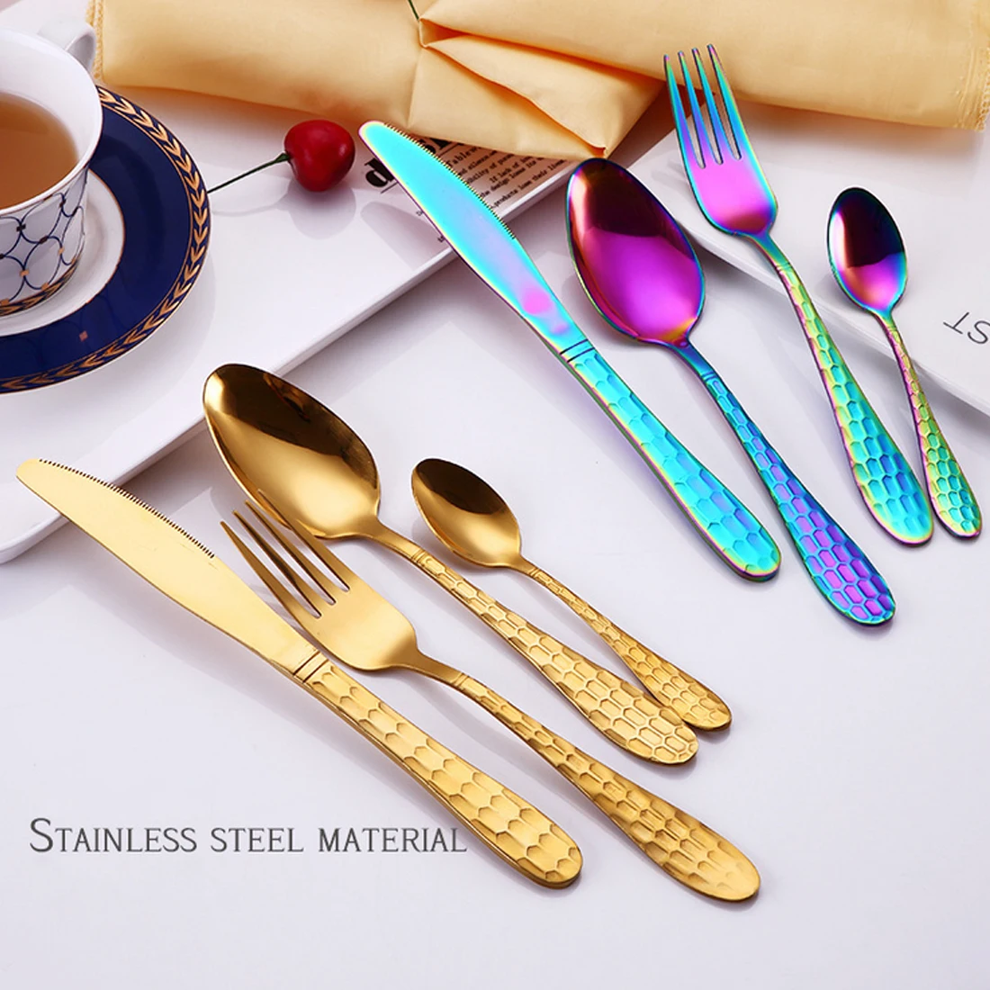

4pc Rainbow Tableware Stainless Steel cutlery set Knife Fork Scoops Kitchen Accessories Dinnerware Set