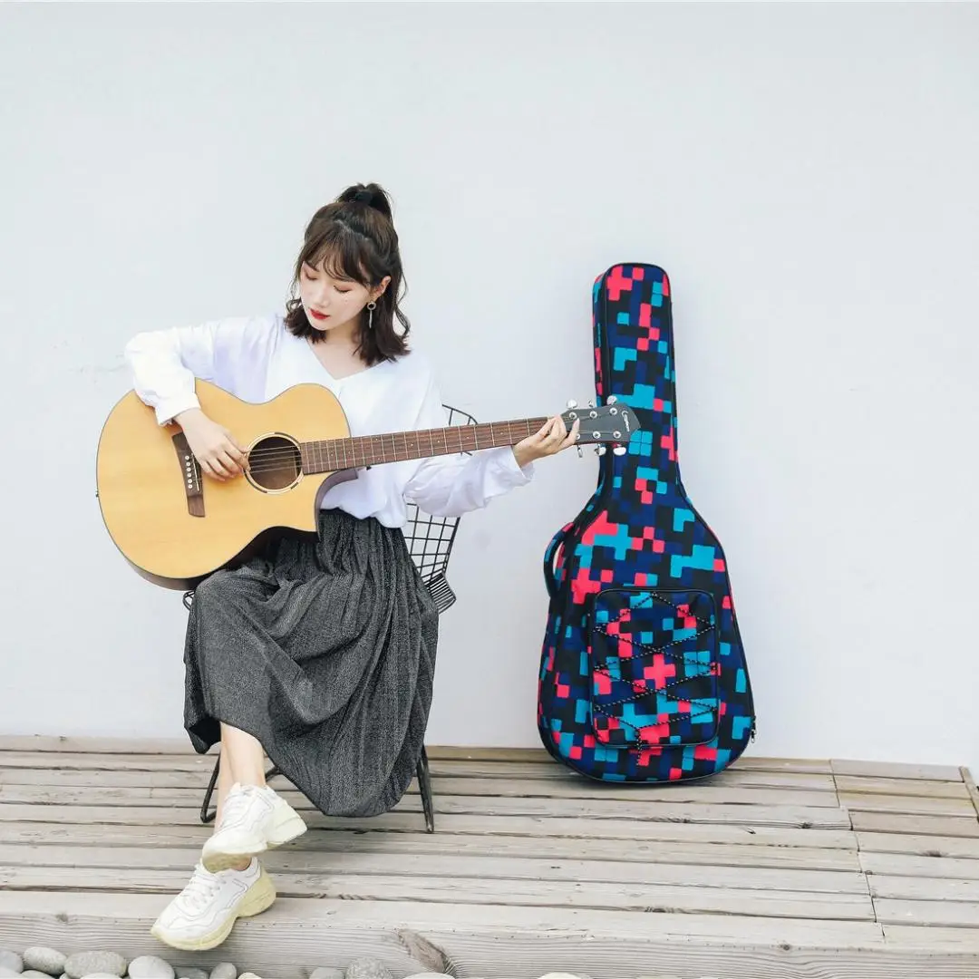 

40/41 Inch Tartan Printed Folk Acoustic Guitar Bag Double Straps Canvas Pad 10mmCotton Thickening Soft Cover Waterproof Backpack