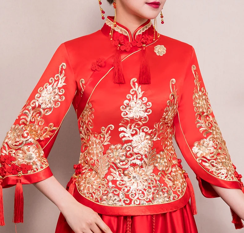 

Vintage red Bridal Embroidery Cheongsam Modern Traditional Chinese style Wedding Dress Oriental Womens Qipao Vestidos Size S-XXL
