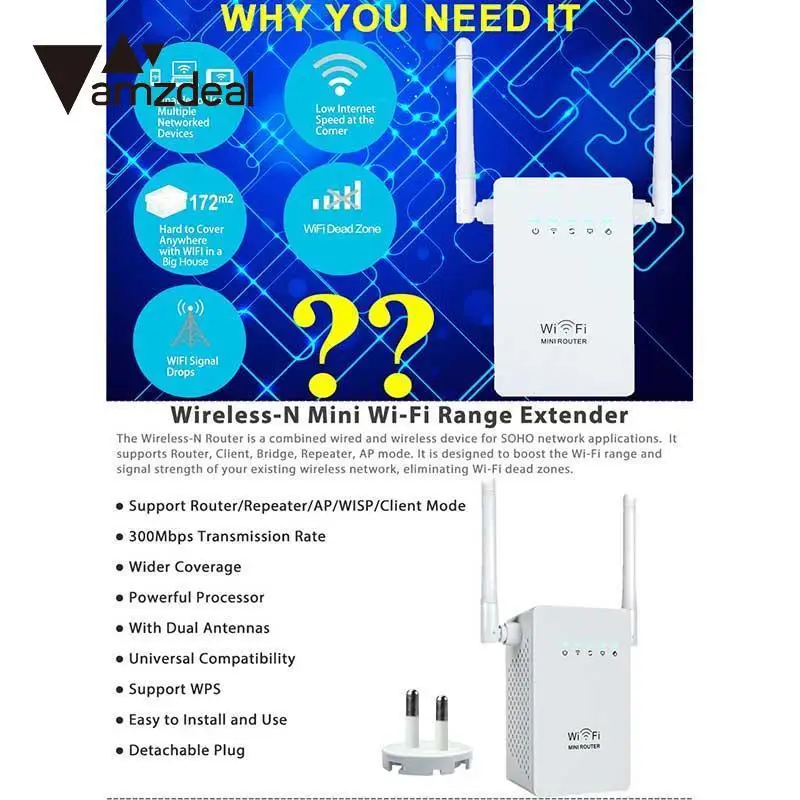 Amzdeal 300 Мбит/с беспроводной расширитель WiFi усилитель сигнала сетевой