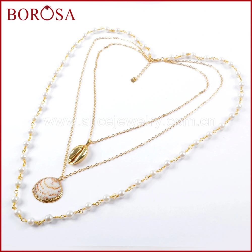 

BOROSA 3/4/5PCS 26inch Gold Color Trim Cowrie Shell Sea Shell With Pearl Beads Chains Necklace Scallop Shell Jewelry G1636
