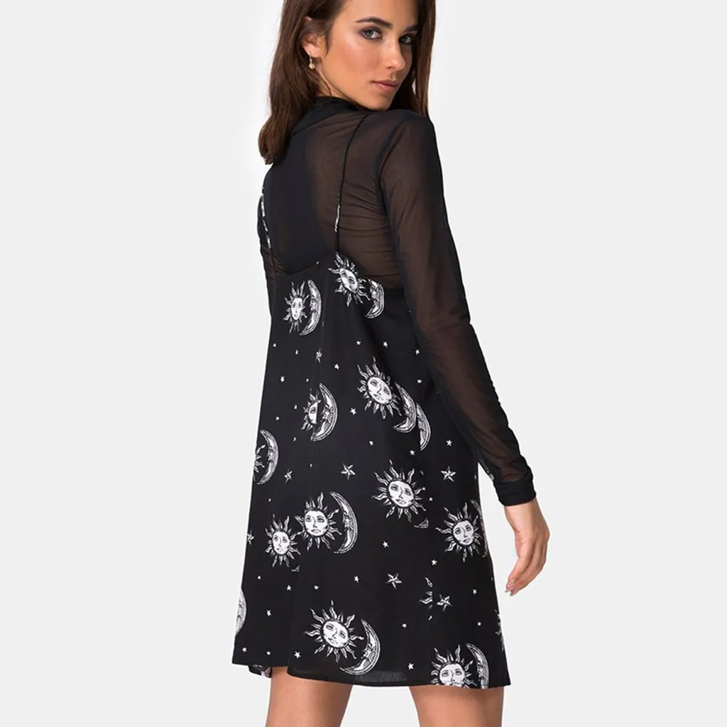 

Ladies Gothic Punk Style Sun Moon Print Sling Dress Harajuku Sexy Party Mini Dresses Women Streetwear Elegant Female Summer 6.26