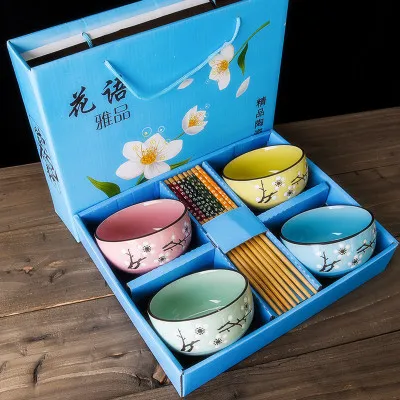 4PCS Mixed blue box Японский вишневый цвет керамическая чаша набор микроволновая печь маленькая Классическая салатная лапша Ramen миска для рисового супа с палочками для еды посуда - Цвет: 4PCS Mixed blue box