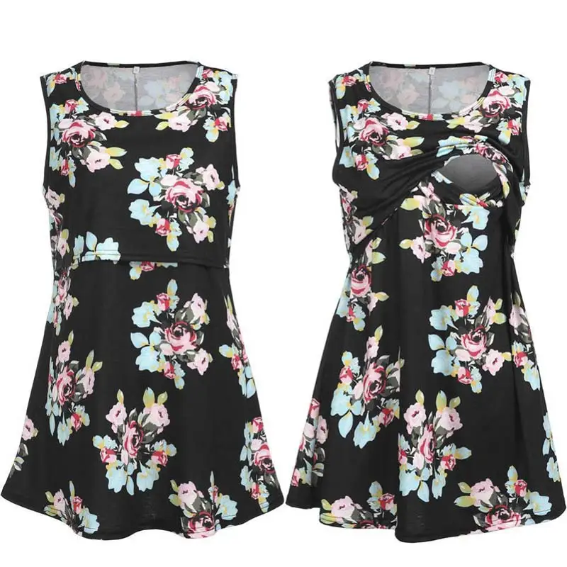 

Summer Nursing T-shirt Maternity Tops Breastfeeding Print T-shirts Sleeveless Tees Pregnancy Feeding Floral Pregnant Clothing