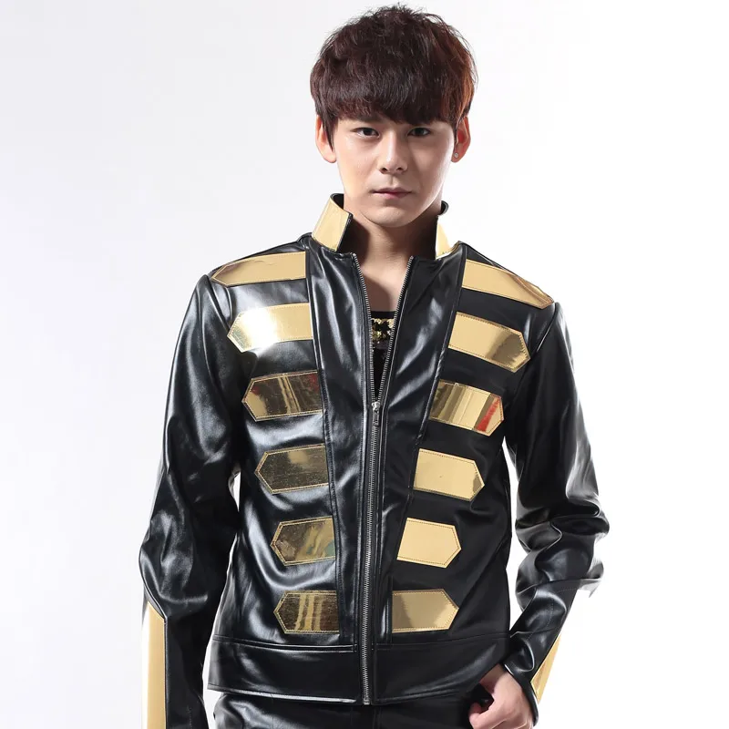 Черная Золотая куртка Модный женский мужской костюм диджея костюмы кожаный