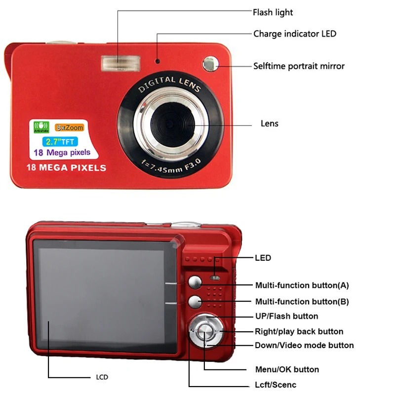 KOMERY оригинальная Цифровая камера 2,7 дюймов TFT экран CMOS 5.0MP анти-встряхивание 8X цифровой зум 1800 Вт пикселей видеокамера селфи камера