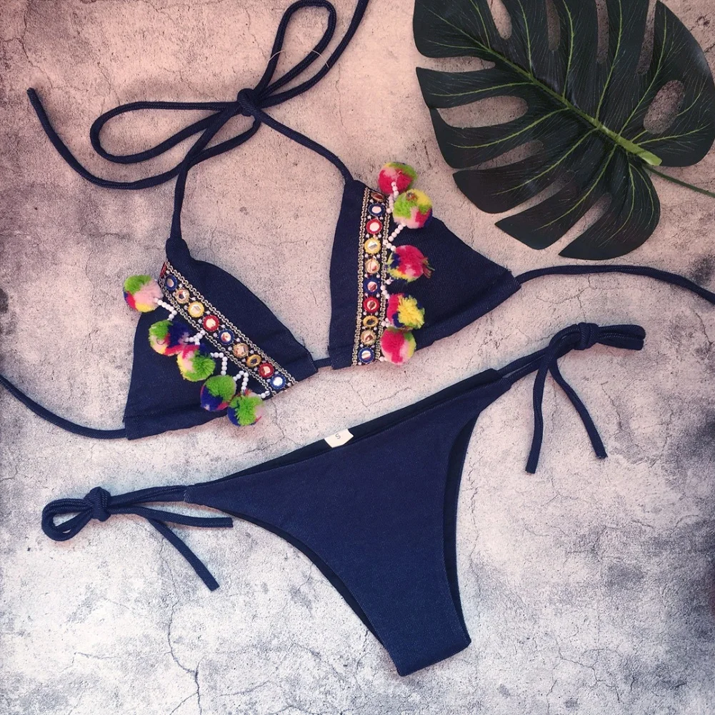2018 бандажный комплект бикини с разноцветными помпонами лоскутный купальник