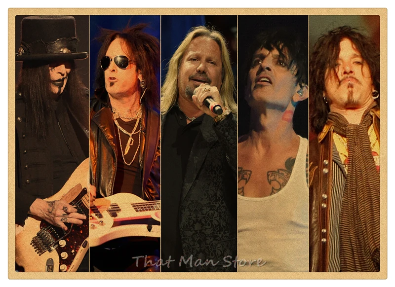 Motley Crue винтажная Ретро рок-группа музыкальная гитара матовая крафт-бумага античный плакат Настенная Наклейка домашний декор 42*30 см - Цвет: Темный хаки