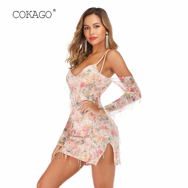 Кокаго Воротник V Мини Сексуальное Платье Женщин Лоскутное Платья Женщин Длинный Рукав Печать Лето 2019 Плюс Размер Роб Фэмм он