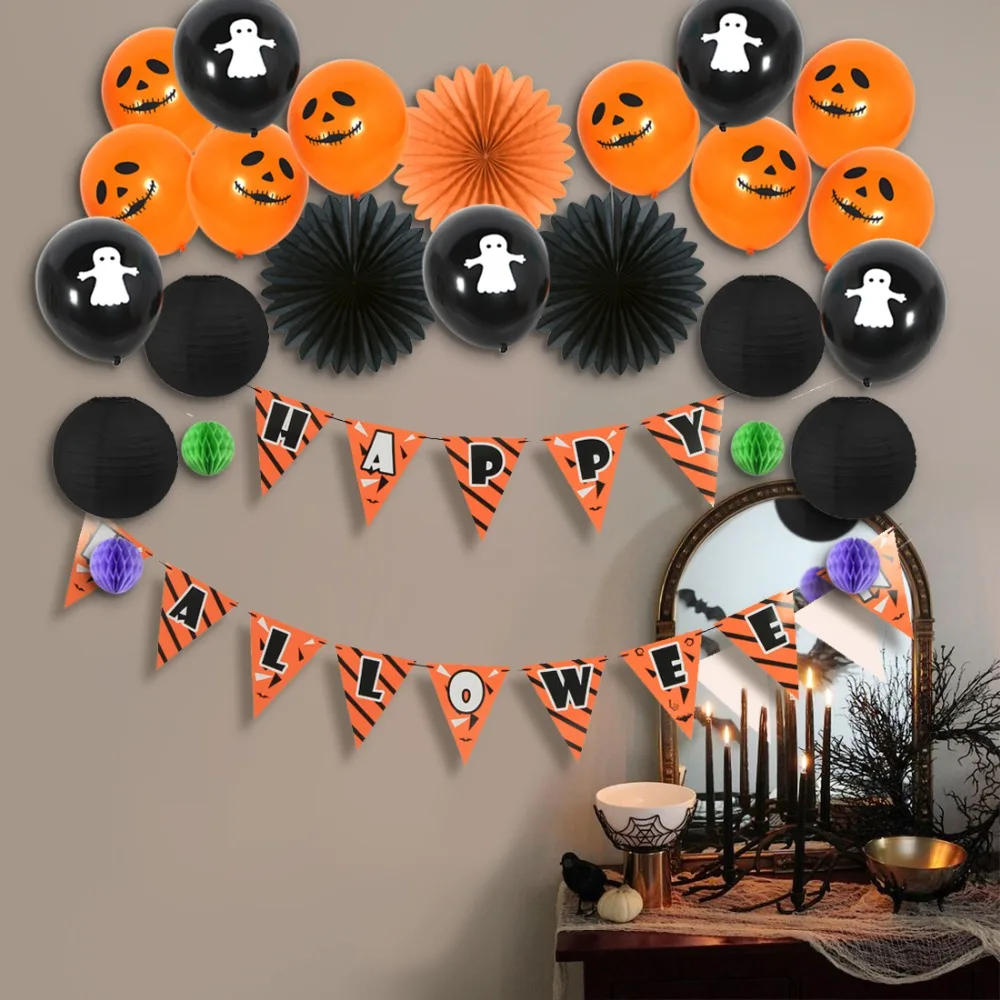 Halloween Decoration Set Happy Banner Ghost Jack-OLantern Balloon Paper Fans Balls Lanterns Kids Party Supplies on - Набор декораций на Хэллоуин: веселый баннер, привидение, светильник-тыква, бумажные веера, шары, фонарики, для детской вечеринки.