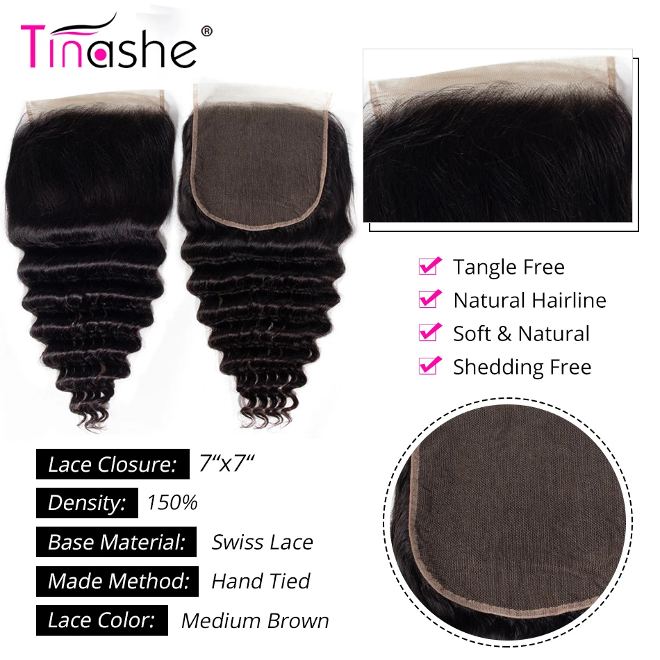 Волосы Tinashe 7x7 кружевные застежки с застежкой свободные глубокие волнистые пучки