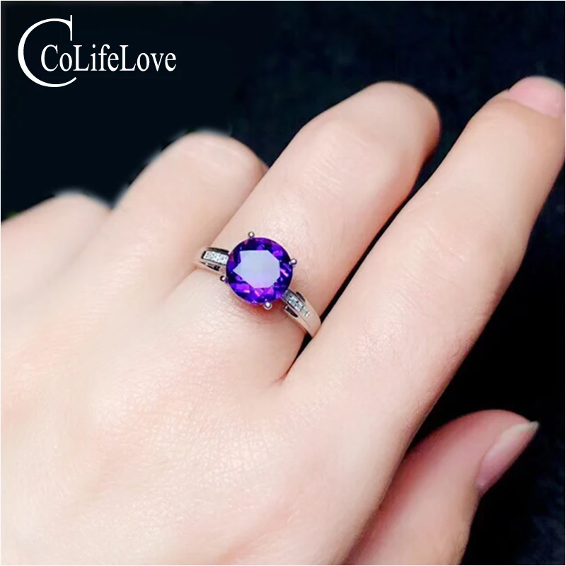 

CoLife Jewelry Amethyst Silver Ring for Party 6mm Natural VVS Amethyst 925 Silver Gemstone Ring Birthday Gift for Young Girl