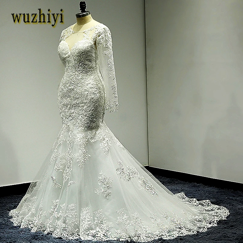 WUZHIYI Robe De брак Русалка свадебное платье размера плюс Иллюзия Тюль Кружева