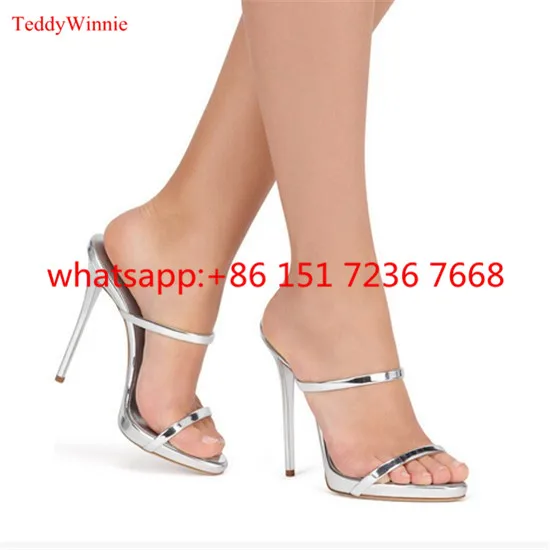 Новый Двумя Тонкими Ремешками Сандалии Тапочки Высокие Каблуки Золото Серебро