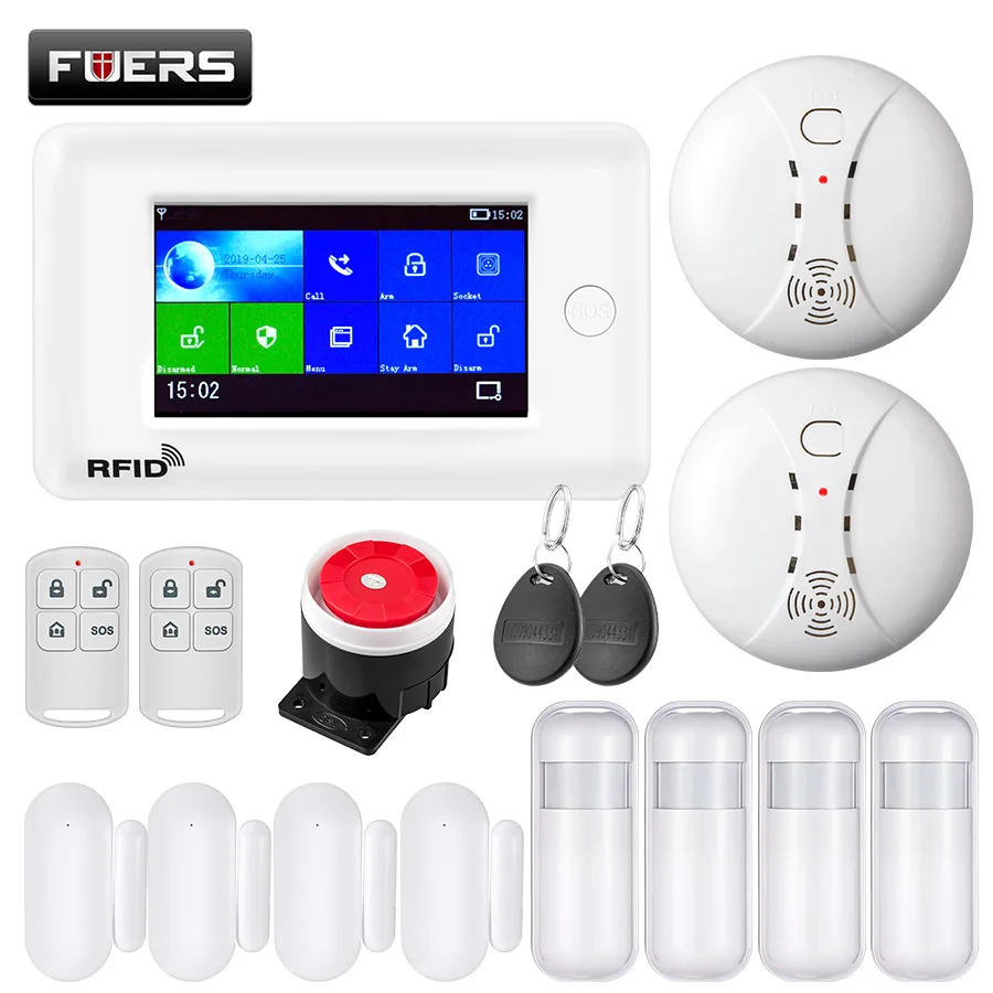 KIT6 FUERS wifi GSM GPRS умная домашняя система охранной сигнализации 4,3 дюймов цветной экран приложение RFID Контроль Детектор дыма PIR детектор движения - Цвет: KIT6