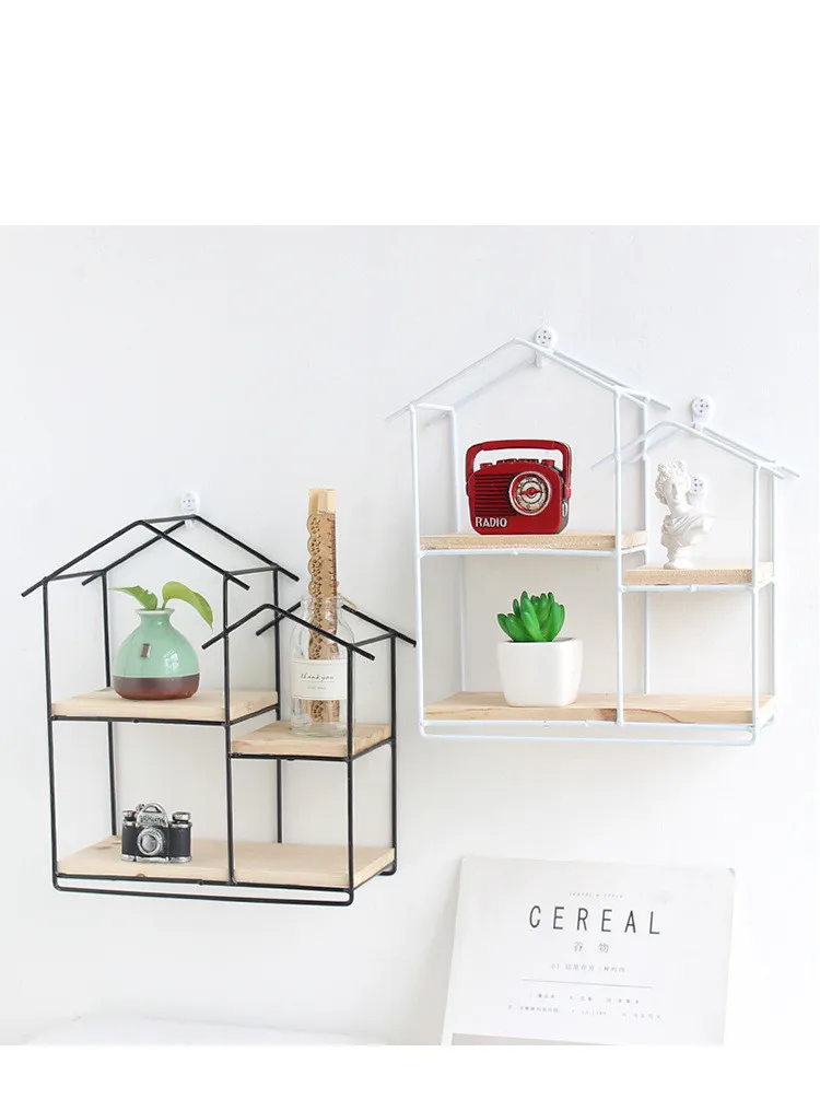

1PC House Metal Wall Rack Two layer Flower Vase Holder Multi-use Wooden Wall Sundries Holder Wall Shelf Storage Rack JL 247