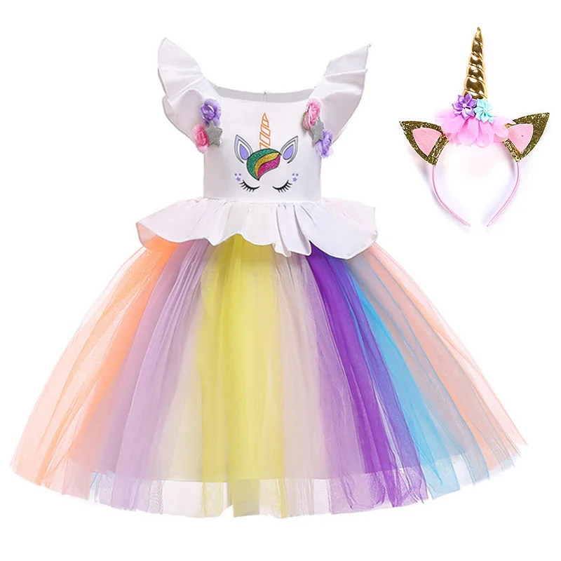 Unicorn Dress set 01 Разноцветное платье для девочек для костюмированной вечеринки с единорогом; платье принцессы с рукавами-крылышками; платья для дня рождения для девочек; Детский костюм на Хэллоуин с единорогом - Цвет: Unicorn Dress set 01