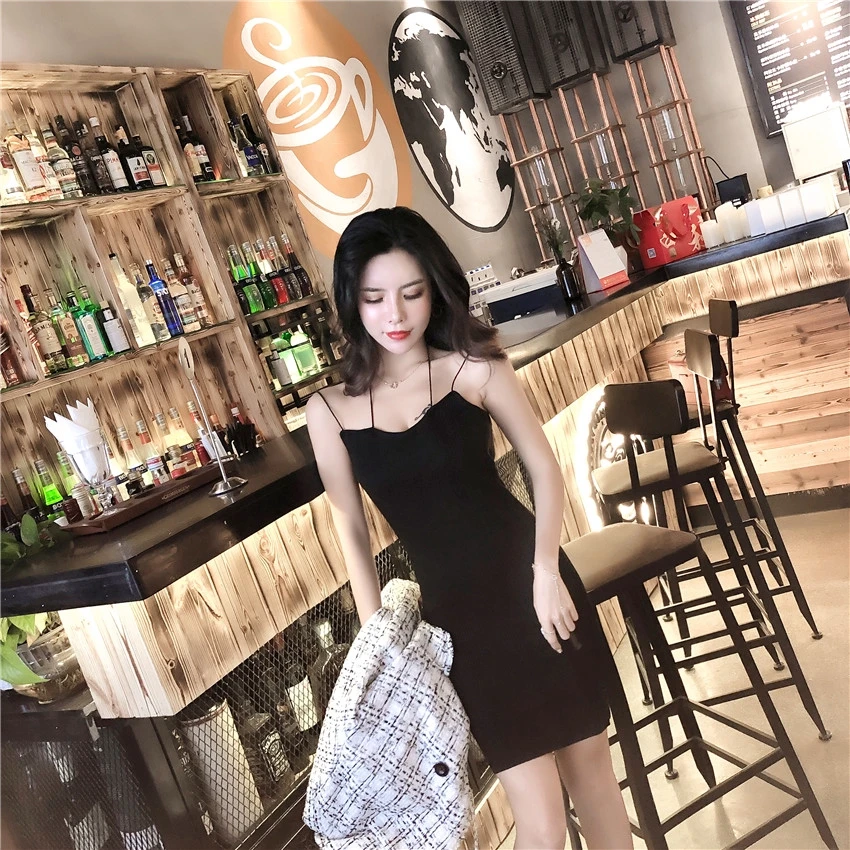 

Summer Dresses Women Sexy Sling Strap Casual Black Bodycon Knit Short Mini Dress