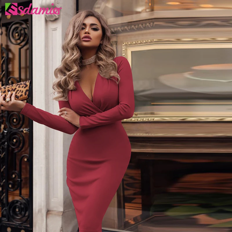 Женское облегающее платье ESDAMIER офисное элегантное до колена с v образным вырезом