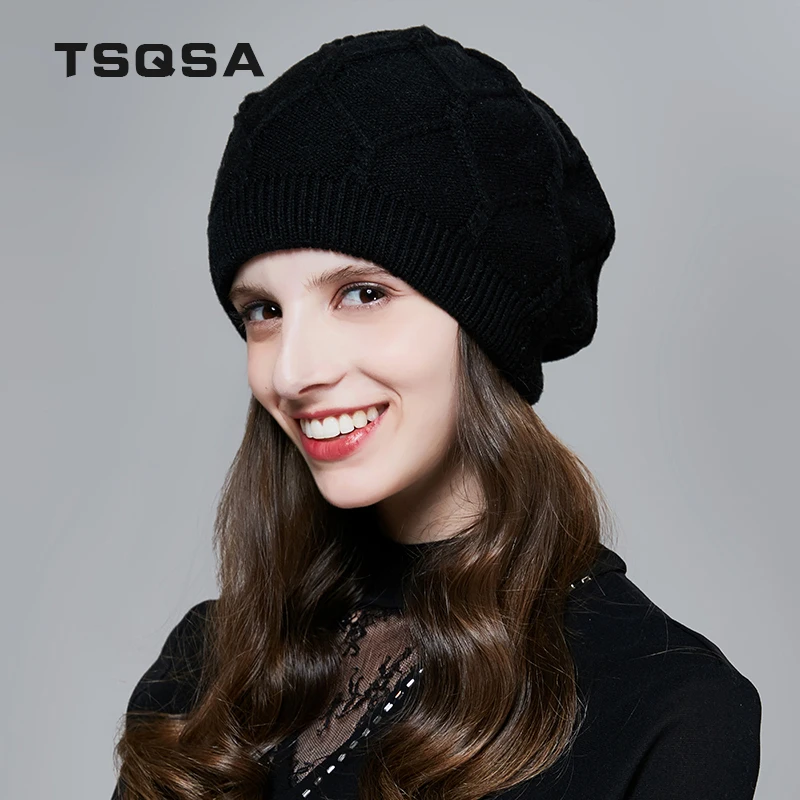 TSQSA Зимняя Теплая Шапка Для Женщин Шерстяная Вязаная Мода Твердые Шапочки