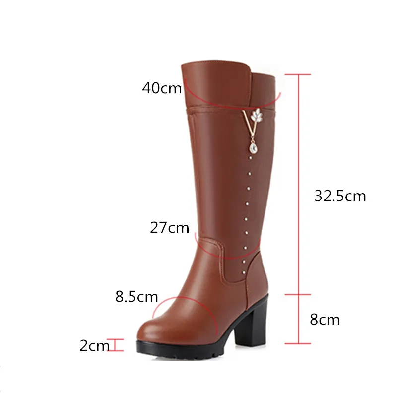 Brown Heel 8cm Keloch/Для женщин высокие сапоги на меху из натуральной кожи на шерстяной подкладке; модные стразы сапоги до колена зимние сапоги Для женщин сапоги на высоком каблуке; ботинки на платформе - Цвет: Brown Heel 8cm