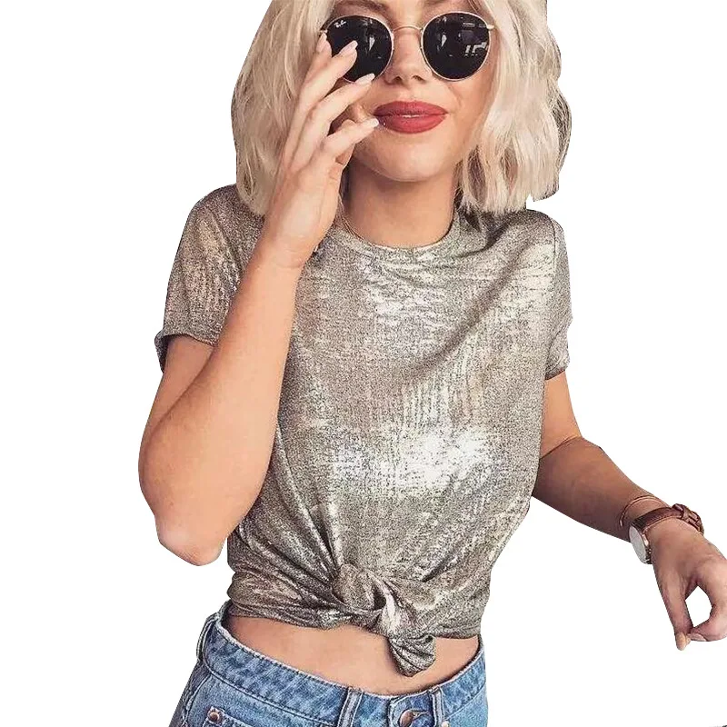 Серебряные блестящие люрексом трикотажные футболки Для женщин 2019 г. летние