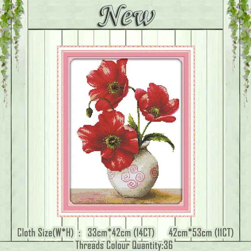 corn poppy Маковый Подсолнух, ваза с пейзажем, счетный принт на холсте, DMC 11CT, 14CT, наборы, сделай сам, вышивка крестиком, наборы для рукоделия - Цвет: corn poppy