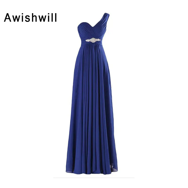 

Cheap Royal Blue Long Bridesmaid Dresses One Shoulder Sleeveless Beads Chiffon Wedding Party Dresses Robe Demoiselle D'honneur