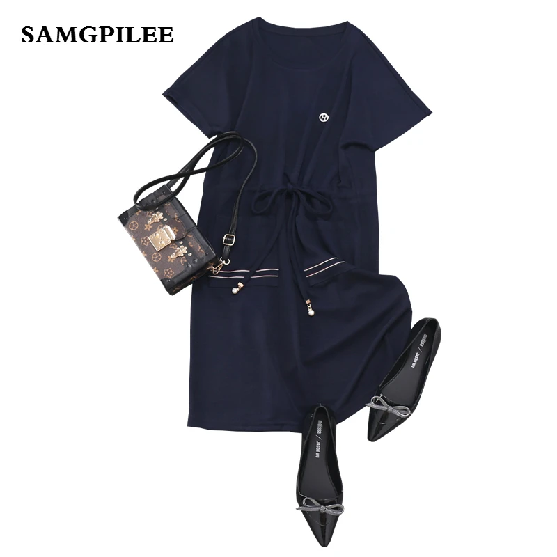 Женские платья до колена с коротким рукавом и поясом а силуэта о образной