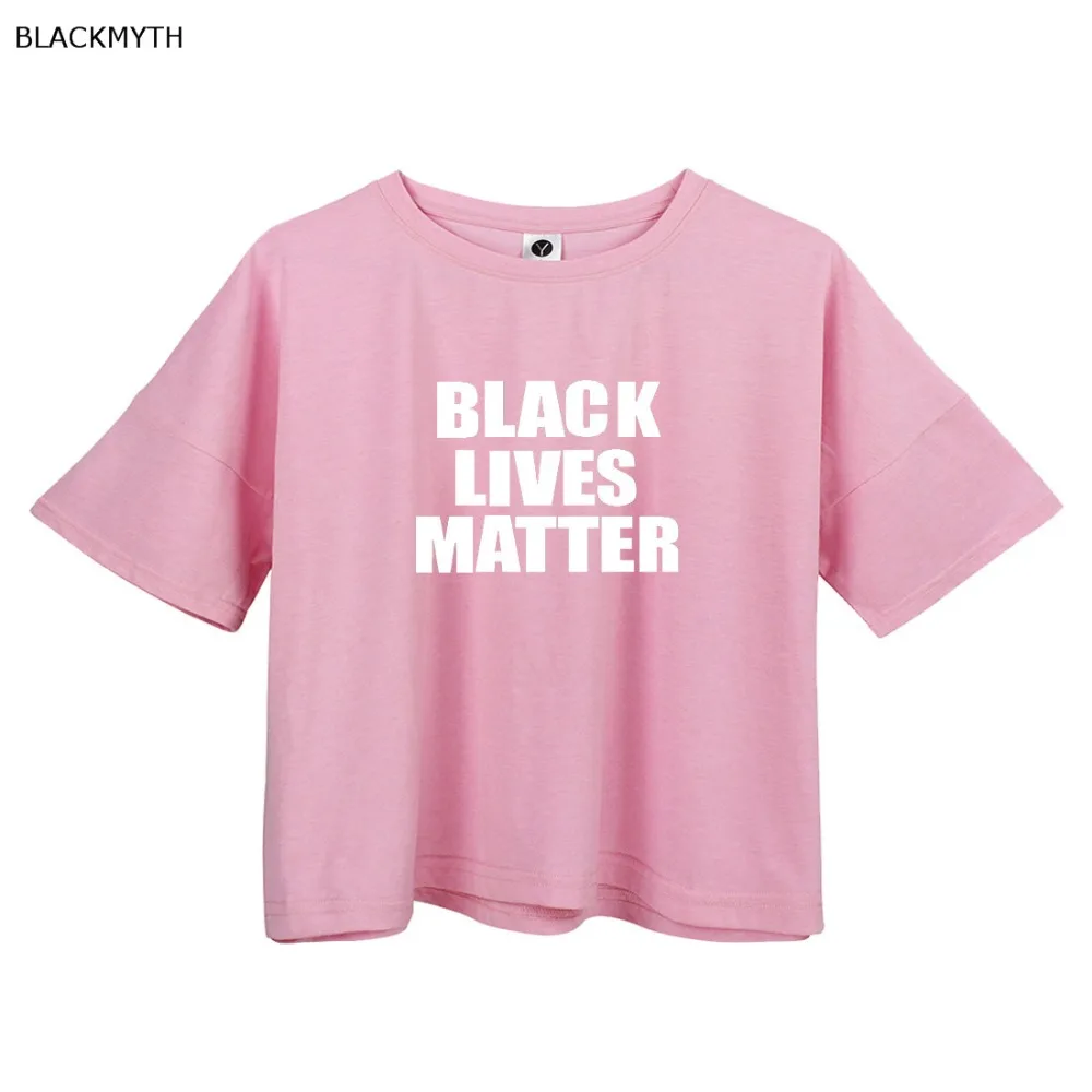 BLACKMYTH черная Жизнь Материя Лето круглый воротник укороченная футболка женская