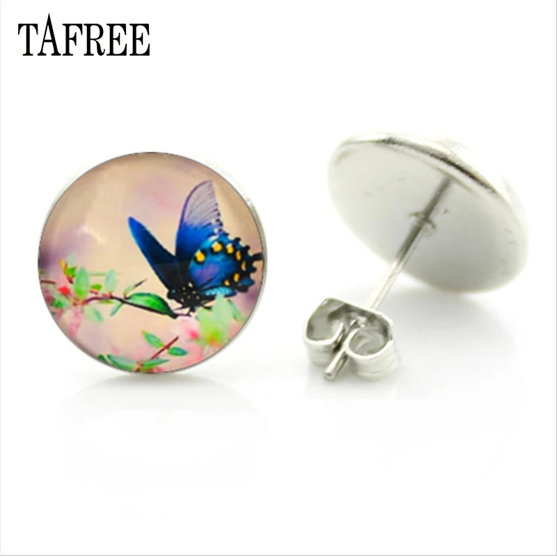 TAFREE Brand Beautiful Butterfly Art Patterns Stud Earring Glass Cabochon Dome Earrings for Women Girls Fashion Jewelry JS135 | Украшения и