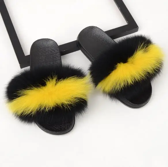 Fox Fur Mixed Тапочки из лисьего меха; женские домашние пушистые тапочки; Плюшевые Пушистые летние туфли на плоской подошве; Милая женская обувь; Лидер продаж; милая обувь; большой размер 45 - Цвет: Fox Fur Mixed