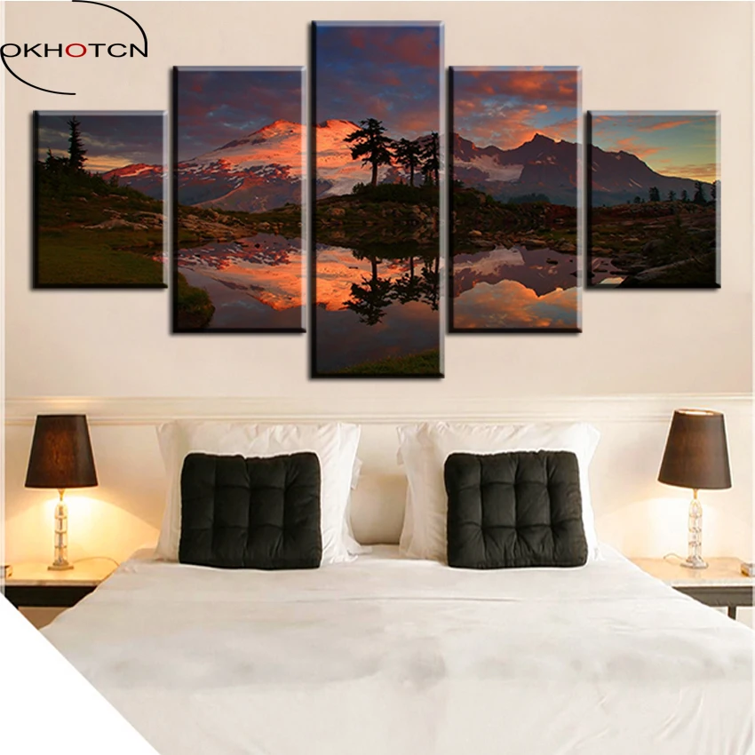 

OKHOTCN Sunset Scenery Framed Painting Canvas HD Printed Snow Mountain View Wall Art Pictures For Living Room Decorations