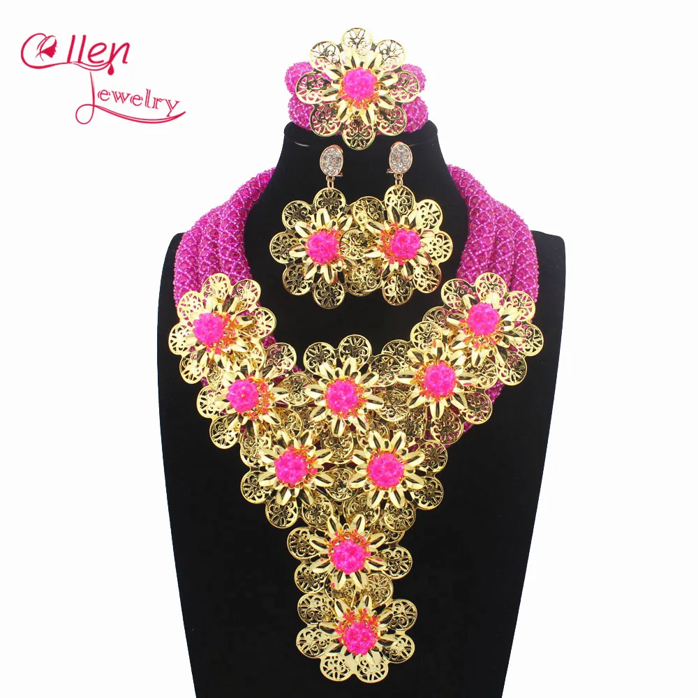 

2019 Luxury African beads jewelry sets india nigerian flower beads beaded wedding bridal necklace dubai jewelry sets W13740