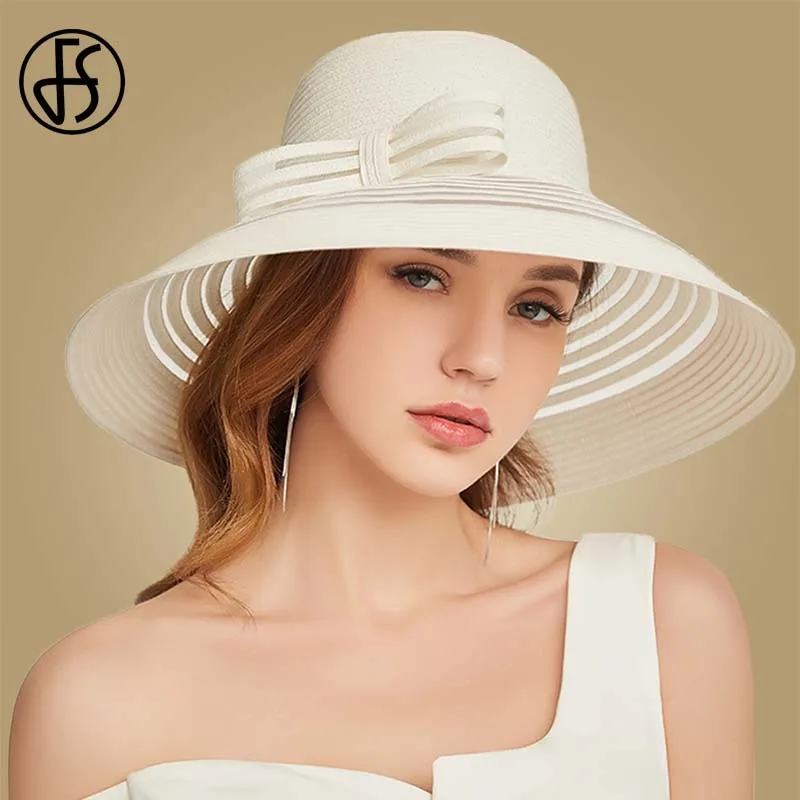 FS 2020 Women Straw Hat With Big Bow White Black Wide Brim Floppy Foldable Beach Hats Female Ladies Spring Visor Sun Caps