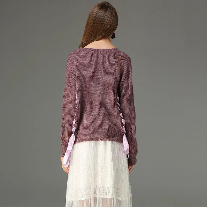 2017 для женщин осень вязаный пуловер кружево Up свитер Мода полые отверстия