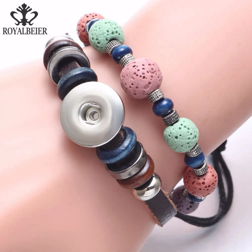 

Genuine Leather Snap Bracelet/Bangle Volcanic Stone Beaded Bracelet Fit 18mm Snap Button 20mm Snap Jewelry SZ0497