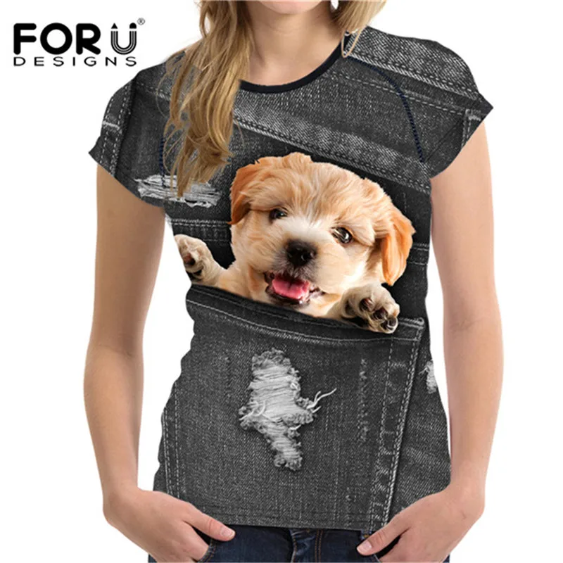 FORUDESIGNS/футболка с милым котом для женщин, Летний стиль, короткий рукав, женские футболки, 3D черный деним, с карманом, футболки для девочек, ropa mujer - Цвет: CC3318BV