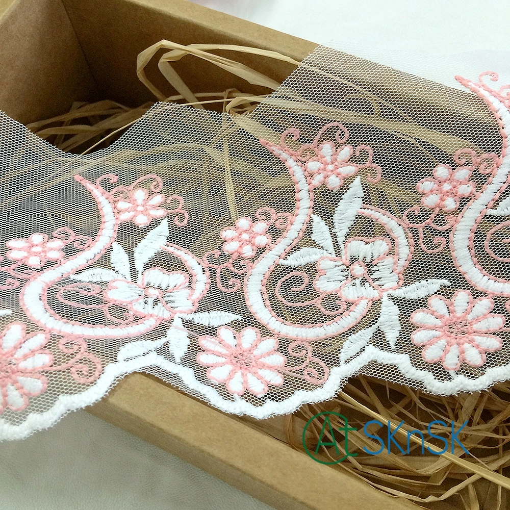 

100 yards/ lot Sweet mesh lace 11cm Width pink flower french fabric lace dress accessory embroidered lace ribbon
