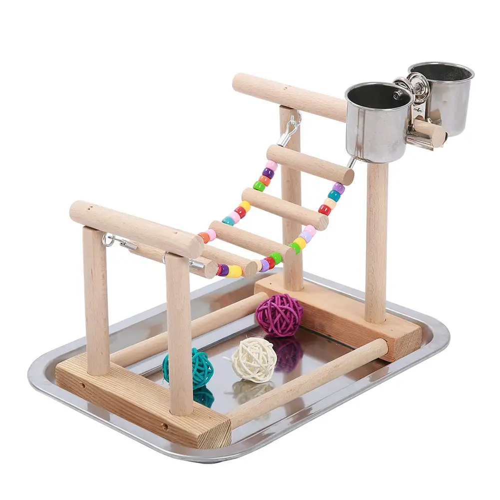 Birds Play Stand with Food Dishes Wood Playground Ladders Parrots Gym Training PerchTable for Small Parrot Parakeet Conure | Дом и сад