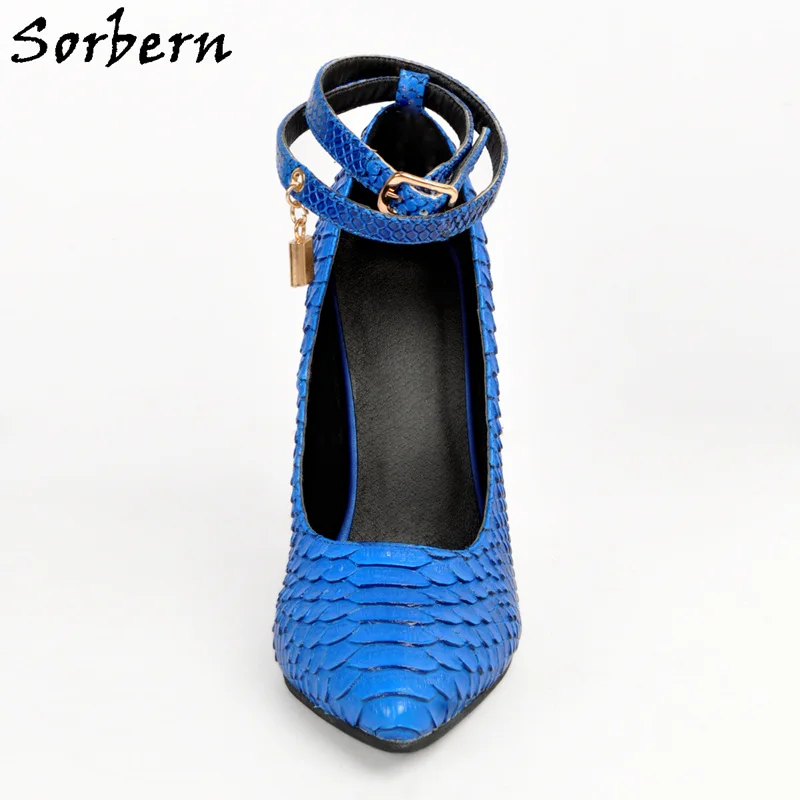 

Sorbern Blue Fretwork Fish Scales Plus Size Womens Shoes Heels Stiletto Runway Shoes Ankle Straps Buckles Custom Sexy Pumps