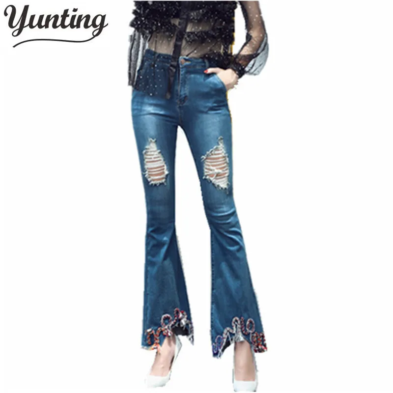 Распродажа женские рваные джинсы модные расклешенные для женщин джинсовые брюки