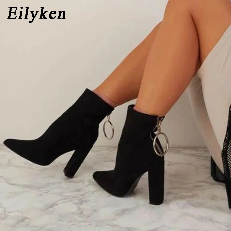 Eilyken New Design Metal Decoration Zipper Women Boots Pointed Toe High Heels Autumn Ankle Boots Mujer Chelsea Boots
