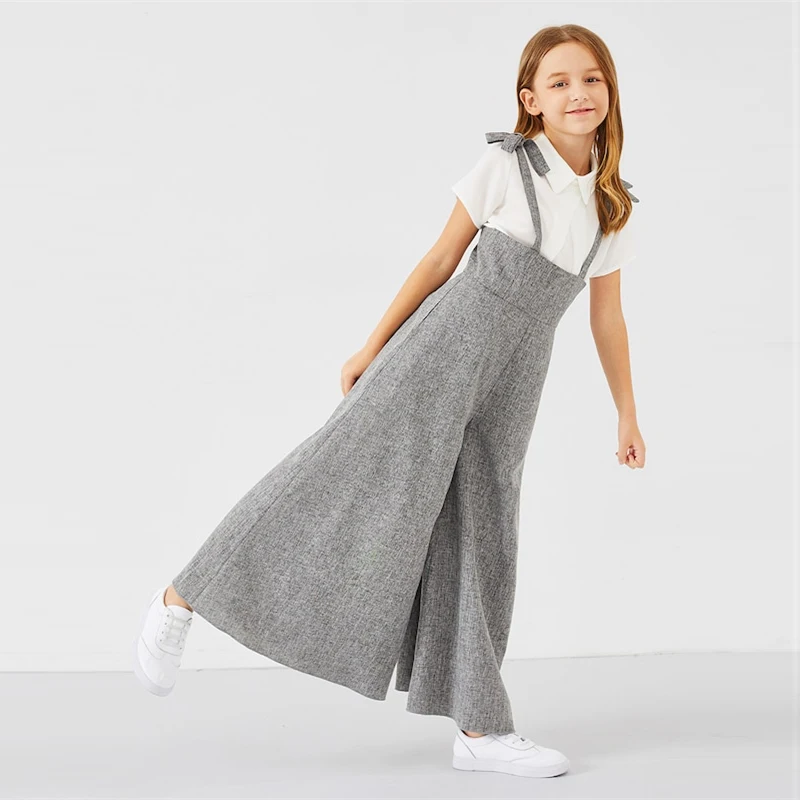 SHEIN Kiddie серый повседневный комбинезон на молнии с бантом на спине для девочек весенний комбинезон без рукавов с высокой талией и расклешенными штанинами