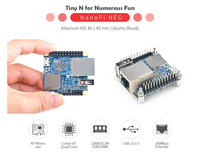 FriendlyARM NanoPi NEO(512 M) Allwinner H3 Quad-core Cortex-A7(работает под управлением u-boot, Ubuntu-Core