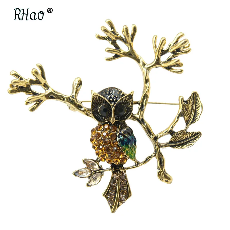 RHao Винтажная брошь с животными в стиле ретро Золотая Сова ветками Женская Брошь
