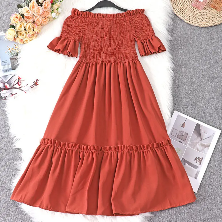Women Fashion Dress Женское шифоновое платье с коротким Расклешенным рукавом и вырезом лодочкой, повседневное ТРАПЕЦИЕВИДНОЕ ПЛАТЬЕ-пуловер с открытыми плечами, эластичное тонкое платье с высокой талией и оборками - Цвет: Women Fashion Dress